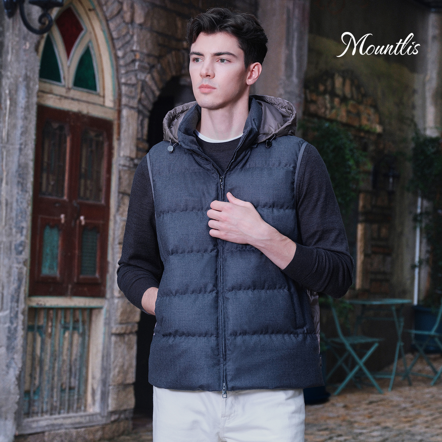 Mountlis蒙缇 羊毛鹅绒服连帽羽绒服男冬季加厚无袖马甲羽绒外套 - 图2
