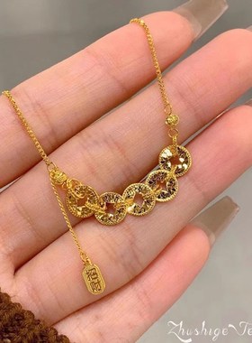 S925纯银碎碎冰金色五s帝钱币项链吊坠招财进宝新中式古法手链精