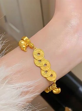 钱币元宝葫芦盘缠手o链铜钱新中式国潮越南沙金五帝币福禄手串