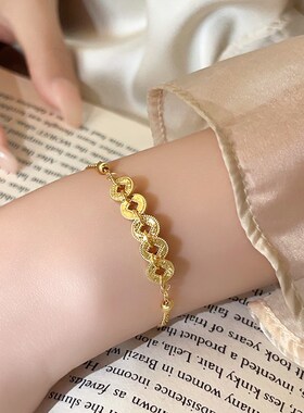 金色古法铜d钱币手链女款轻奢小众精致手串2025年新款转运珠手饰