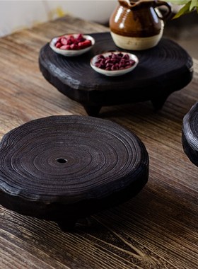 侘寂风茶盘小型圆形黑色矮脚木平盘家用名宿软装实木装饰托盘摆件