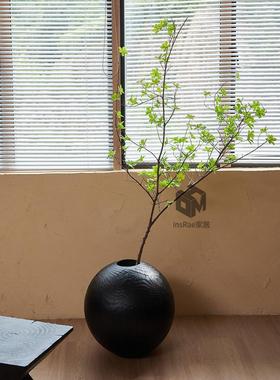 侘寂风木墩球形摆件炭化黑色民宿酒店创意插花饰品圆球形实木花器