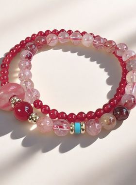 普陀山紫水晶女士手链天然草莓晶粉水晶小众设计精致双圈转运