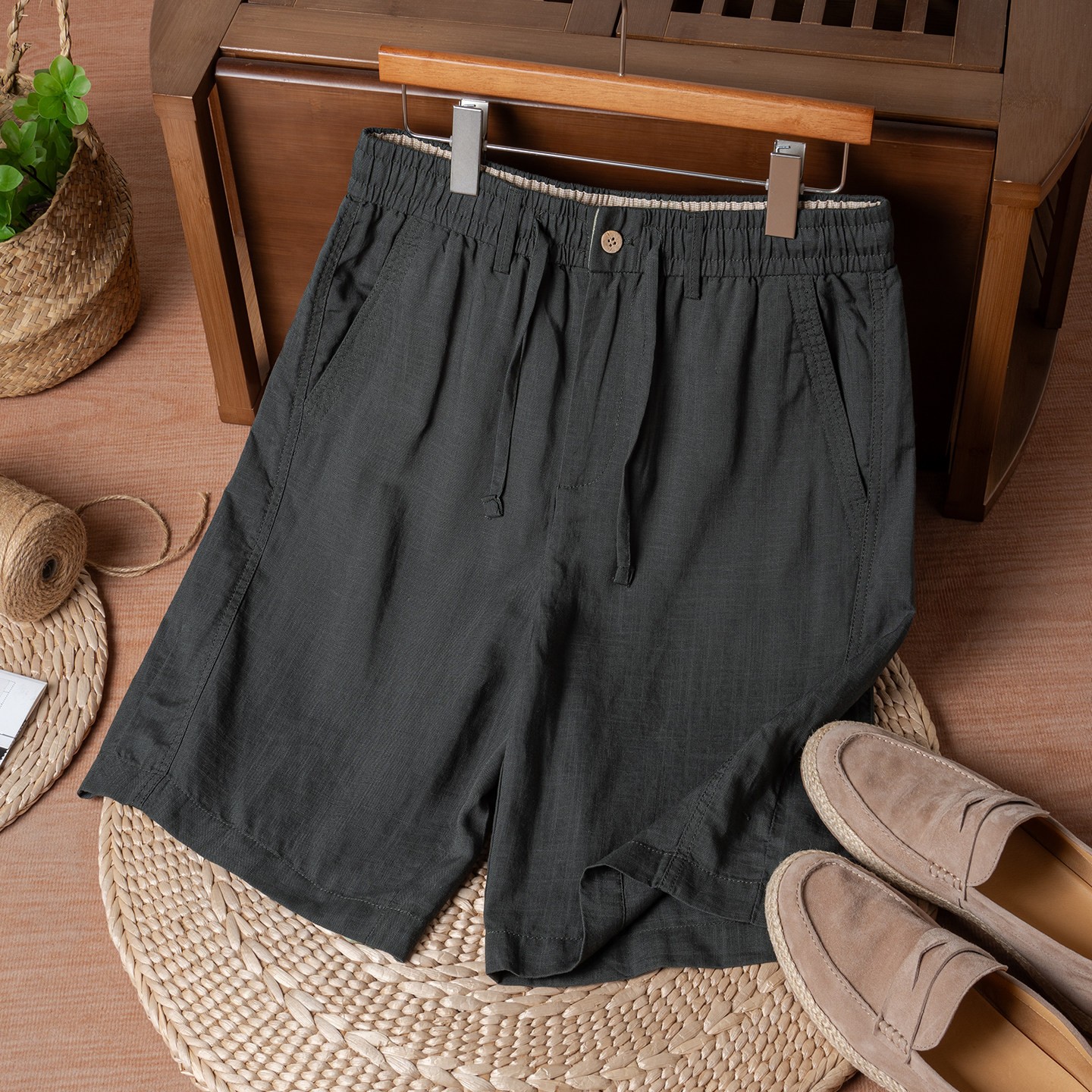 麻尚生活天丝亚麻短裤男夏季新款松紧腰抽绳沙滩休闲透气五分裤子,淘宝优惠券,粉丝福利购,淘宝优惠卷