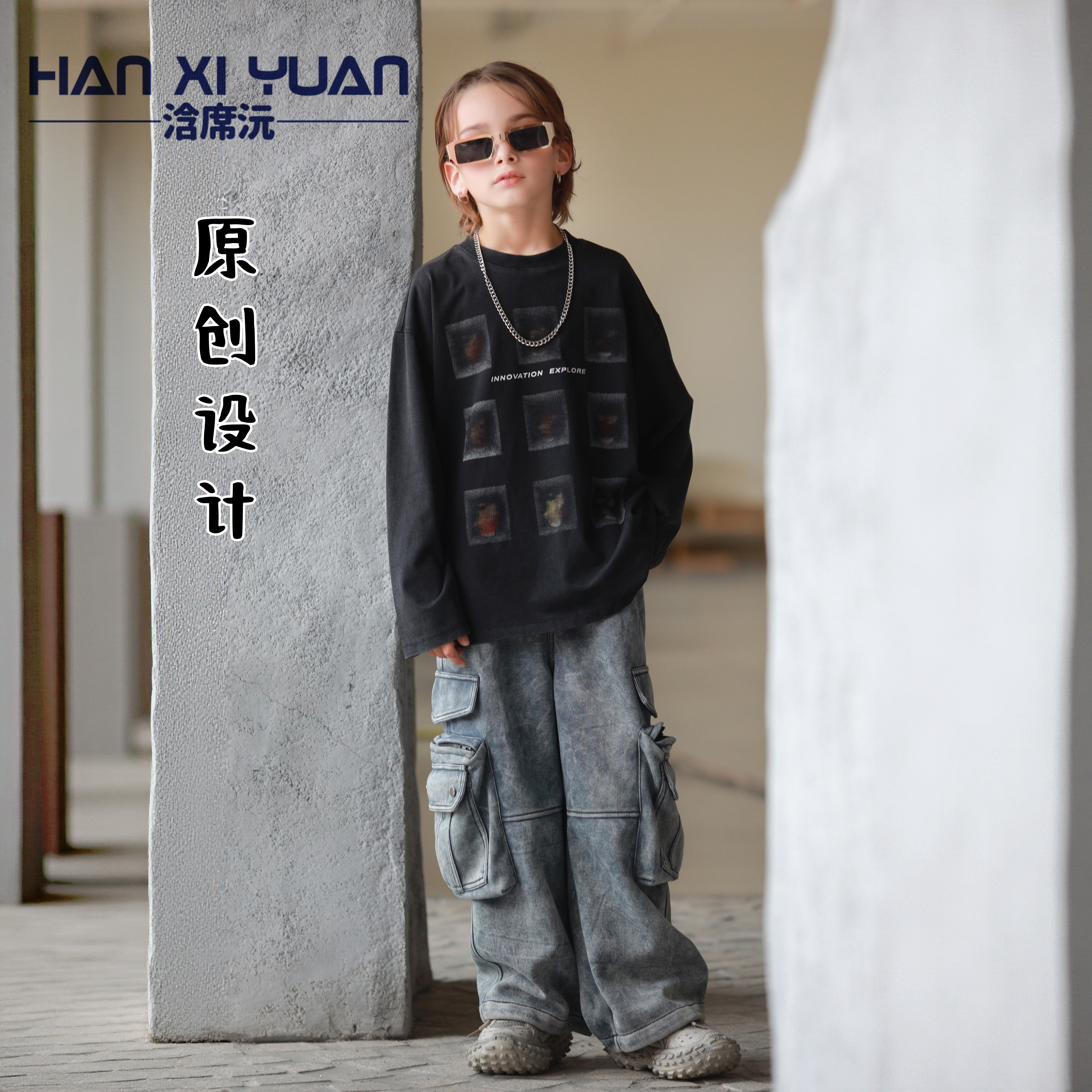 浛席沅复古工装裤男女儿童宽松多口袋休闲裤灰色直筒裤潮酷百搭,淘宝优惠券,粉丝福利购,淘宝优惠卷