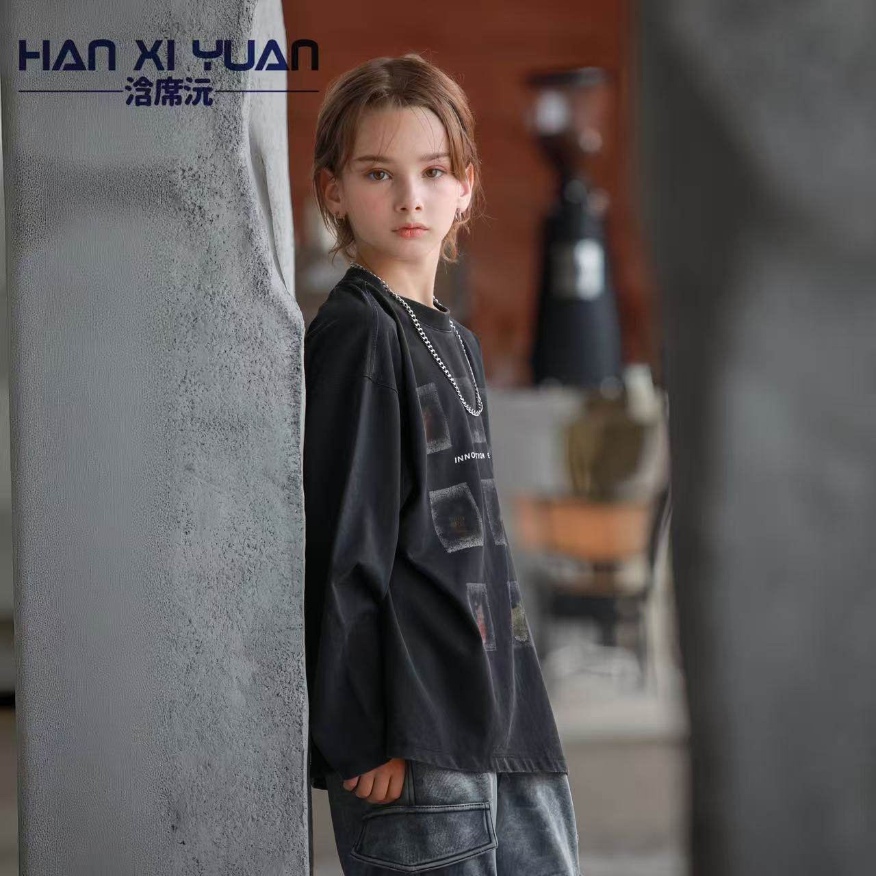 浛席沅复古字母抽象印图长袖T恤男女童街头设计感宽松黑色上衣,淘宝优惠券,粉丝福利购,淘宝优惠卷