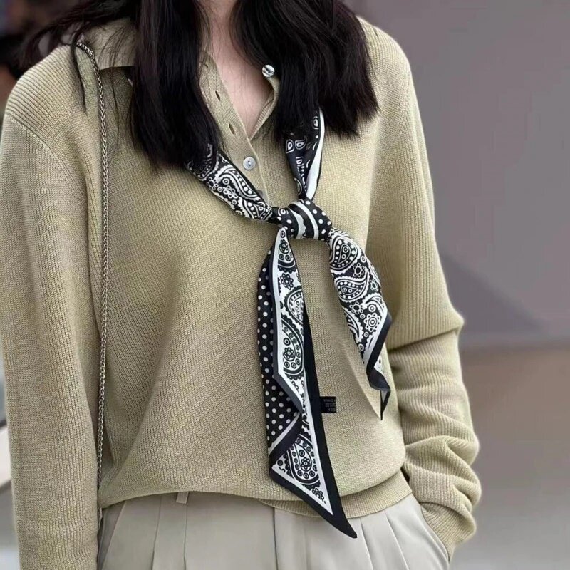 长条小丝巾女春秋夏季黑色护颈围脖子搭配衬衫飘带丝带腰带薄围巾