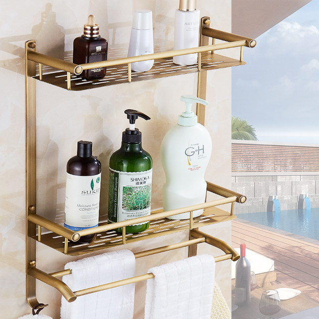 All copper antique European double-layer bathroom storage rack Bathroom A room towel rack Cosmetic storage rack Wall-mounted without punching