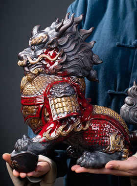 王顺问瓷阁麒麟摆件一对陶瓷客厅家居装J饰摆设店铺开业礼品新中