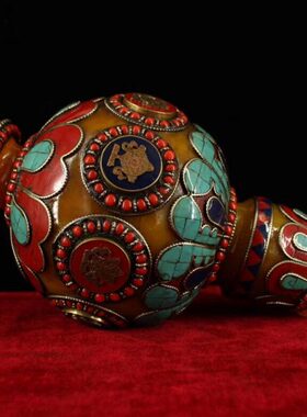 尼泊尔工艺吉祥八老蜜蜡宝镶嵌纯手工家居装饰收藏品花瓶摆件宝石