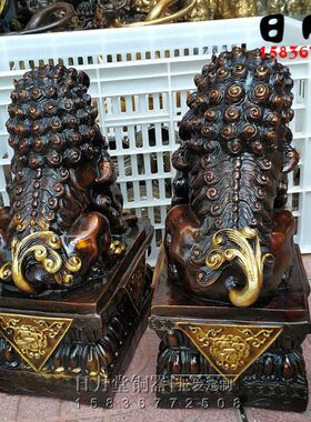 鎏家居摆件铜金中式狮黄铜大号一对狮子铜宫纯铜复古门雄狮