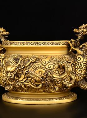 纯黄铜香炉铜九龙香炉双龙香炉家用供奉供佛室内烧香焚香仿古大号