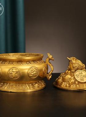 全铜开盖招财聚财带金蟾如意聚宝盆五路财神聚宝盆存钱罐摆件装饰