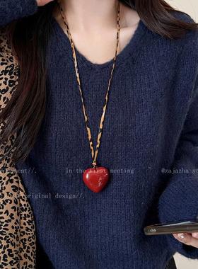 红色镂空爱心花朵豹纹编织绳项链女款毛衣链长款挂脖时尚穿搭配饰