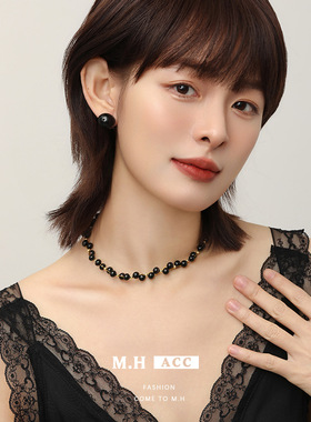 鱼头星星锁骨链时尚小众饰品手工编织女生短款轻奢黑玛瑙项链礼物