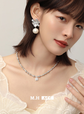 鱼头星星小众锁骨链法式感饰品灰色女生珍珠轻奢项饰锆石项链礼物