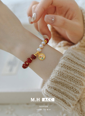 鱼头星星百搭珍珠甜美玛瑙手链女生花朵檀木串珠礼物送女友正品潮