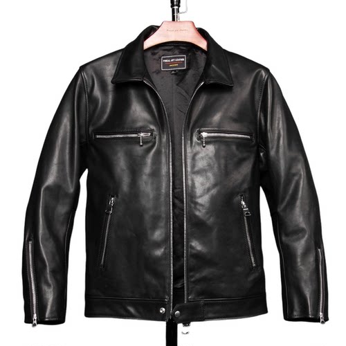 饮奶牛皮翻领夹克.男士春秋高端黑色翻领时尚商务短款修身皮衣 - 图0