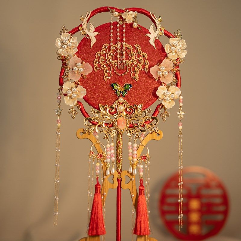 新娘团扇高级结婚di长柄手工中式婚礼秀禾喜扇古风成品面红色,淘宝优惠券,粉丝福利购,淘宝优惠卷