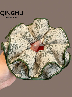 新中式森系绿色印花大肠发圈女田园风丸子头花扎马尾头绳扎头发绳