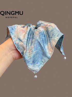 油画风~蓝色缎面晕染方巾珍珠大肠发圈女大号扎发绳四角头绳发饰