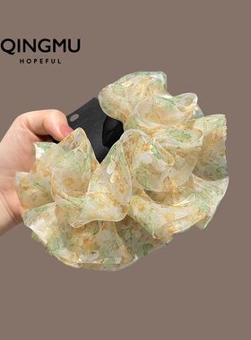 韩国复古黄色碎花网纱大肠发圈女款高级感扎马尾丸子头绳大号皮筋