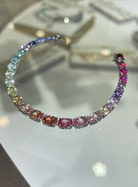 新款培育彩宝彩虹手链S925银 蛋形0.5克拉镶彩色宝石经典手链
