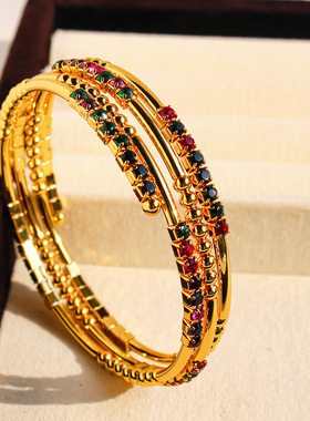 青岛出口不掉色高级彩色闪钻多层螺旋宽版手镯金球手链开口手镯