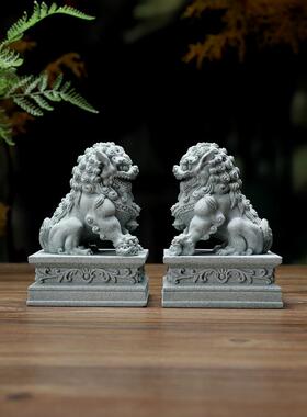 小石狮子一对青石看门镇宅门口迷你摆件桌面中式招财瑞兽麒麟茶宠