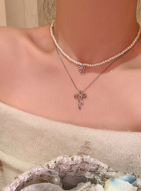 韩系温柔甜美双层叠戴蝴蝶结项链