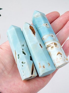 天然水晶天空蓝天河石单尖六棱柱原石矿标打磨家居桌面装饰摆件