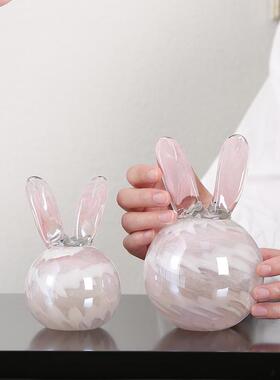 玻璃粉玉兔摆件现代简约创意客厅书房卧室桌面可爱兔子家居装饰品