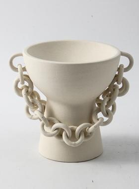 复古怀旧侘寂风新中式创意陶瓷链条花瓶摆件样板间酒店果盘装饰品