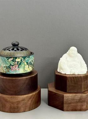 胡桃色核桃木实木底座佛像观音佛龛加高实木雕刻增高奇石莲花台底