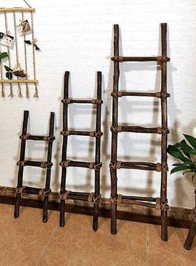 创意仿古麻绳天然实木梯子装饰品摆件原木风格民宿梯形书架衣帽架