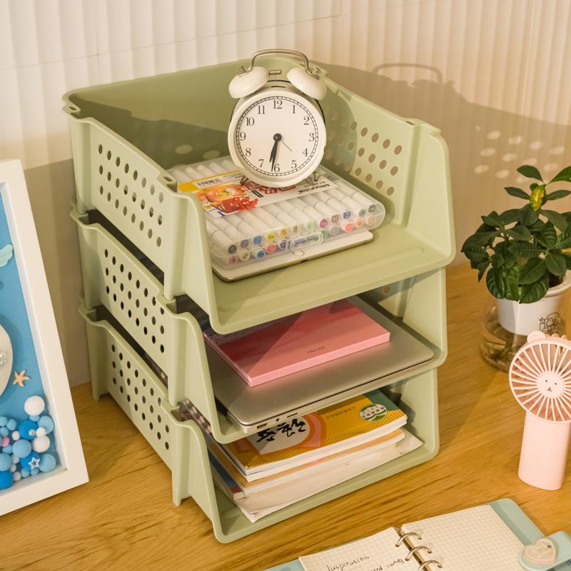 文件栏收纳盒桌面资料架书籍档案架置物塑胶盘叠加书立架办公多层 - 图0