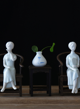 创意中式仿古精品纯手工陶瓷仕女工艺品家居客厅禅意人物软装摆件