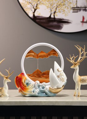 年年有余流沙画新中式摆件客厅酒柜玄关乔迁新居礼品办公室装饰品