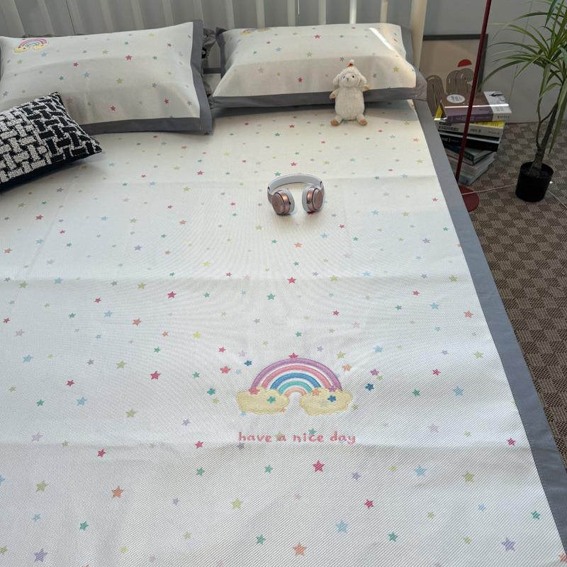 刺绣彩虹夏季可机洗冰丝凉席三件套冰藤席冰丝席空调软席子1.2m床 - 图2