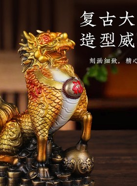 彩铜麒麟一母家居店铺公司高端大气创意精工电视装饰