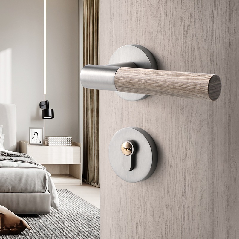 轻奢原木纹门锁室内卧室房门锁静音磁吸实木门把手分体木门锁家用 - 图2