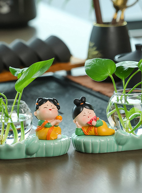 客厅装饰小摆件唐仕女绿萝水培花盆器皿花瓶插花创意水养植物花器