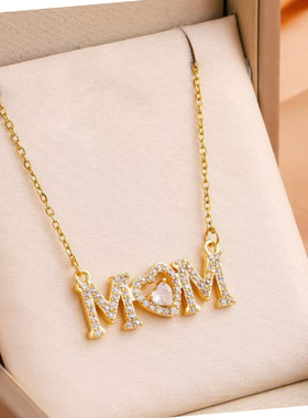 金色字母MOM爱心水钻锁骨链