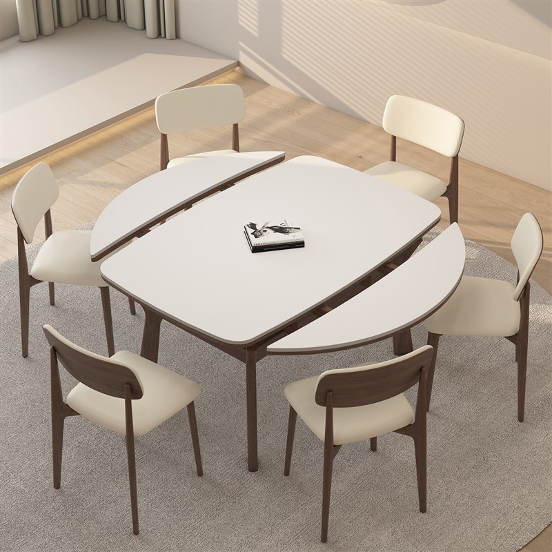 实木可伸缩岩板餐桌可变圆桌家用小户型奶油中古风高端吃饭桌子 - 图0