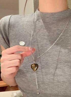 新中式虎眼石花朵吊坠项炼女轻奢小众高级感长款颈炼配饰毛衣炼