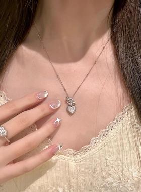 Vintager中古拉丝爱心吊坠闪钻项炼女高级感贵气锁骨炼毛衣炼配饰