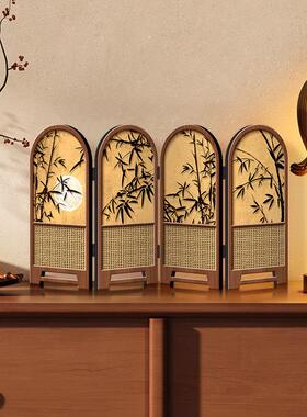 小屏风摆件中古风竹子新款桌面摆台画 划折叠折屏高级感电视柜装