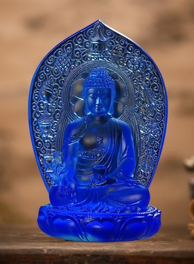 琉璃药师佛摆件居家供奉客厅佛具镇宅莲花底座背板琉璃光如来佛像