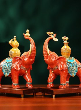 彩铜大象摆件《葫芦花瓶对象》中式家居客厅电视柜装饰品乔迁礼品