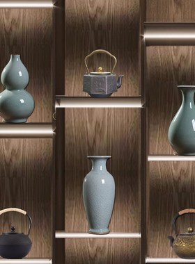 新中式茶室酒店民宿博古架高档复古茶柜玄关茶道摆件茶壶陶瓷花瓶